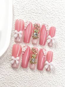 10Pcs Valentine's Day Pink Nail Set,Hand-Drawn French Manicure Press-On Nails,Mid-Length Almond Nail Art Stickers,Square Nails,Duckbill Nails,3D Cute Metal Bear Fake Nails, Alloy Heart, Bow,Pink And White Five-Petaled Flowers Decor Nails,Pink Nails,Includes Tool Kit(1 Sheets Jelly Stickers+1PC Nail File), Suitable For Women & Girls, Daily Photograph,Party,Valentine's Day,Anniversary, Wedding Wear Supplies Nails - 彩色 - 查看 4