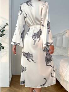 1pc Women's Long Satin Robe Nightgown, Long Sleeve With Waist Tie, Sexy Sleepwear - Multicolor - View 5