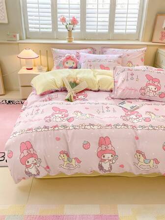 Sanrio 三丽鸥可爱印花三件套床上用品 - 美乐蒂（1件被套+2件枕套，不含填充物）卡通全尺寸，柔软舒适，适合宿舍、家庭卧室、酒店，四季皆宜，带拉链封口和枕套，多色耐用，超大尺寸床上用品，超大尺寸被套套装