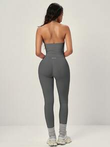 PinkTip 1 Set Women's Fashion Stacked Collar Design Short Cropped Elastic Camisole And Pants Workout Set, Solid Color Versatile Spaghetti Strap Casual Backless Minimalist Camisole And Pants Workout Sets For Women, Running, Fitness, Yoga, Outdoor - 灰色 - 查看 4