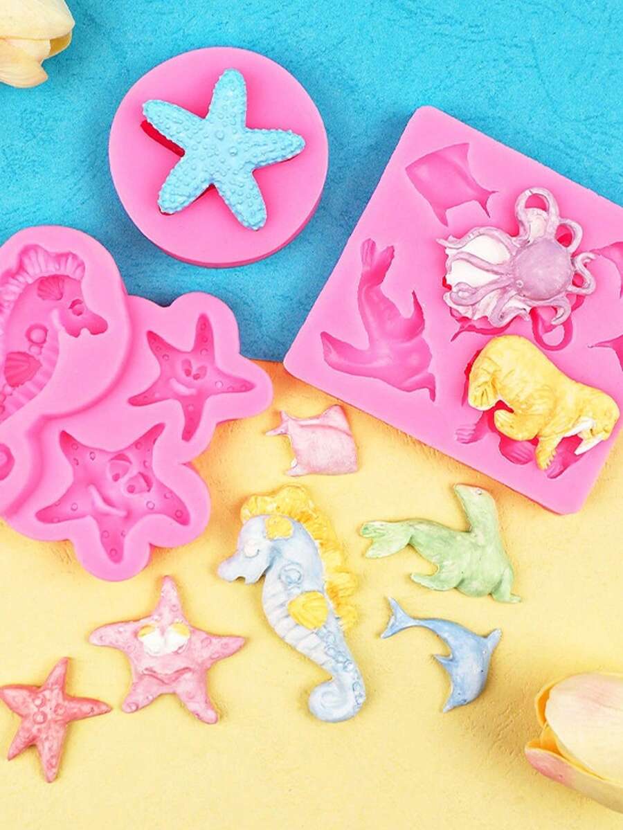 Reusable Silicone Cake Baking Molds, Suitable For Children's Day And Valentine's Day, Ideal For Parties And Christmas (Multi-Color, 5 Styles), Ocean-Themed Silicone Molds Including Seahorse, Crab, Starfish, Shell, Seaweed, And Coral Designs, Perfect For Cupcake Decorations, Candies, Chocolate, And Gummies - Multicolor - View 1