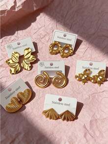 Bộ 12 đôi bông tai vòng hình học bất đối xứng mạ vàng 14K, thiết kế rỗng sáng tạo/hình trái tim/mặt dây chuyền hình hoa, bông tai thời trang và thanh lịch dành cho nữ, trang sức. - Vàng - Xem 4