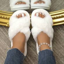 Women's Cross-Strap Fluffy Slippers, Open-Toe Slippers, Home Slippers, Warm Cotton Slippers For Women. - 白色 - 查看 2