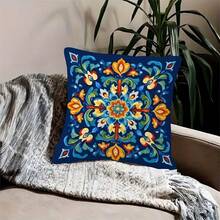 1 pièce Housse de coussin d'art islamique, fond bleu vibrant, impression recto-verso, polyester lavable en machine, fermeture à glissière, convient pour la décoration de canapé dans les salons et les chambres à coucher, décoration d'intérieur | Art islamique traditionnel | Taie d'oreiller à fermeture éclair, taie d'oreiller décorative (sans l'oreiller) - Multicolore - Voir 4