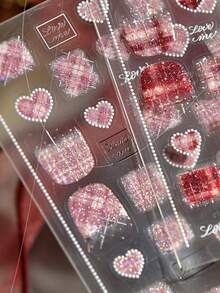 1pc Glitter Sequins Tweed Texture Sweet Heart Plaid Press-On Nail Stickers 5D Nail Art Cozy Festive Romantic Self Adhesive Nails For Women's Chic DIY Manicure Decals Nail Supplies - Multicolor - View 4