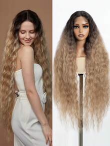 42英寸超长合成蕾丝前假发，波浪卷发，黑金渐变蓝，长卷曲，蓬松波浪，130%密度，女士款 - 彩色 - 查看 15