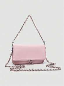 1pc Women's Chain Shoulder Bag, Crossbody Bag, Litchi Grain Underarm Bag With Chain, Minimalist Fashion Small Square Bag, Shoulder & Crossbody Bag With Detachable Strap - 粉色 - 查看 3