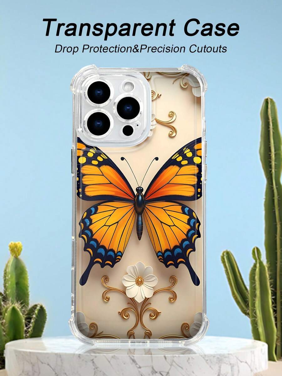1PC Funda transparente con diseño de mariposa monarca naranja sobre flor blanca y detalles dorados, estilo minimalista clásico y elegante, protección contra caídas, ideal para mujeres y amantes de la naturaleza y el arte decorativo, regalo perfecto para fiestas, amigos, pareja o familia : funda transparente resistente a golpes, compatible con Apple Phone17/16/15/14/13/12/11/XS/XR/X/PLUS/PRO/PROMAX, agarre cómodo, regalo ideal para ocasiones especiales - transparente - Ver 1