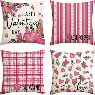 Fundas de cojín de San Valentín con corazones, flores rosas, frases de amor y diseños a cuadros y rayas, de 18 x 18 pulgadas, para decoración de sofá, set de 4
