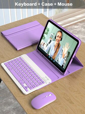 Keyboard Case And Mouse For IPad 5th/6th/7th/8th/9th/10th, Pro 11, Air 1/2/3/4/5/6 Case Detachable Wireless Keyboard Battery 150 MAh And Cover, Built-In Pen Holder-Lilac Purple