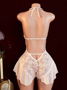 AESKEIA White V-Neck Crotchless Sexy Lingerie Women Sexy Lace Skirt Edge Erotic Doll Dress Temptation Hollow Open Crotch Bodysuit For Going Out - White - View 7
