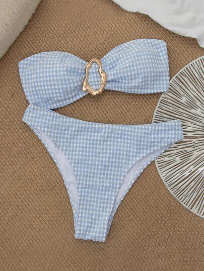 wohenmeili Bộ bikini quây ngực gợi cảm dành cho nữ, trang trí khóa kim loại, kiểu dáng tươi trẻ, thích hợp cho kỳ nghỉ hè trên bãi biển.