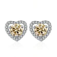 1 Pair 925 Sterling Silver 2 Carat Round Moissanite Stud Earrings, Fashionable & Elegant Heart-Shaped Earrings, VVS1 Clarity, Perfect Round Cut, Comes With GRA Certificate And Gift Box - 1CT*2 - View 11