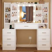 Großer Schminktisch mit Spiegel – 10 LED-Leuchten, 3 Farben + einstellbare Helligkeit, 7 Schubladen + 8 offene Ablagen, Schminktisch mit Steckdose, modernes weißes Design - EU C-Typ Stecker (220-240V) - Übersicht 7