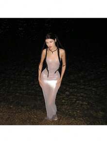 Women's Nightclub Fashion Hot Girl Suspender Sexy See-Through Mesh Hot Silver Slim Dress - 銀色 - 查看 5