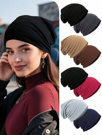 1pc Women's Solid Color Versatile Casual Beanie Hat, Fashion Double-Layer Seamless Cap