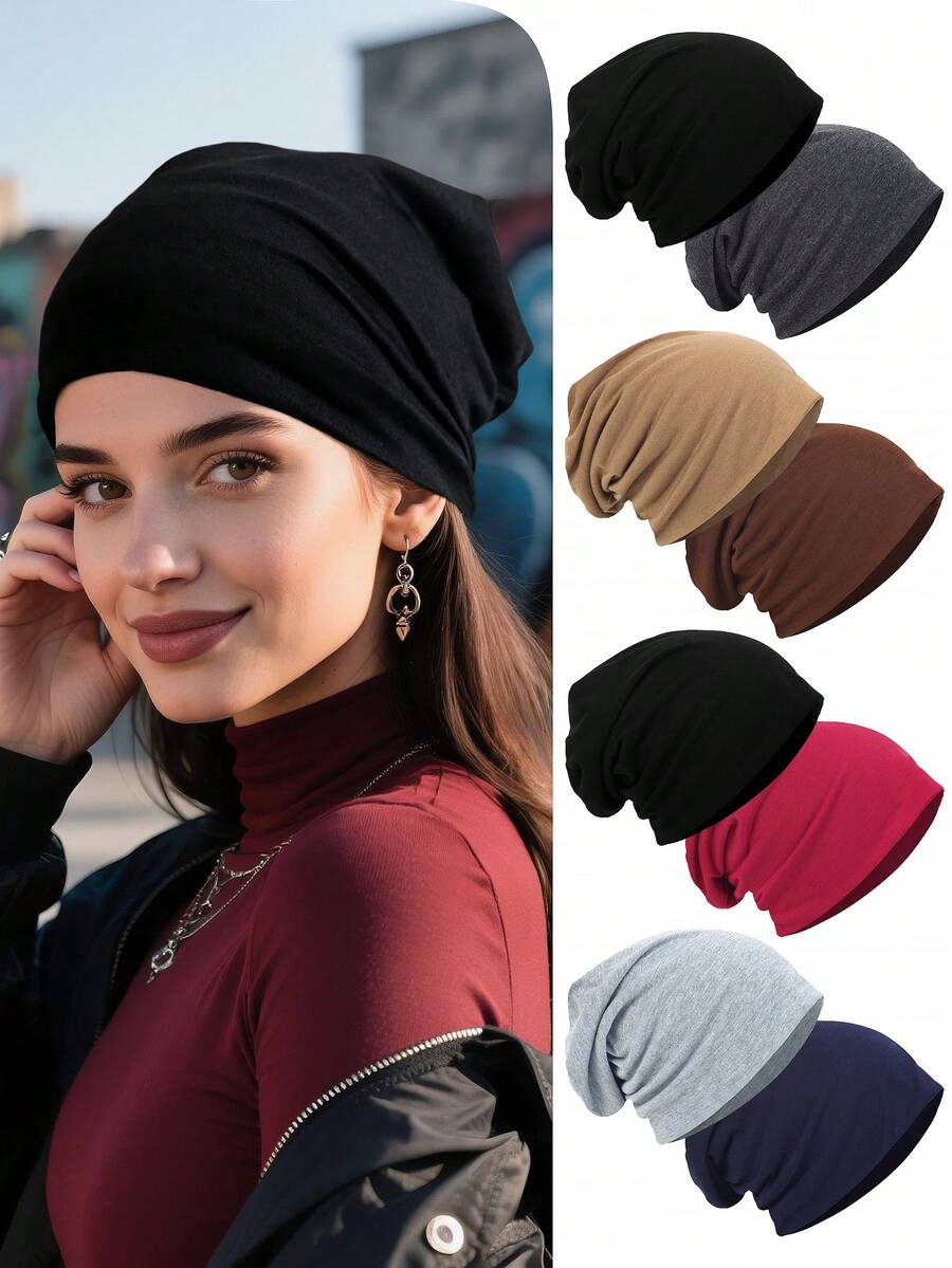 1 chiếc mũ len beanie đa năng màu trơn dành cho nữ, mũ liền mạch hai lớp thời trang - mũ - Xem 1