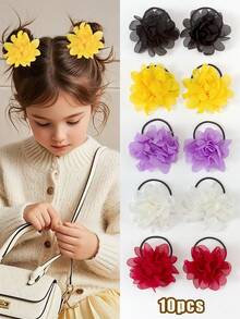 10个彩色3D雪纺花朵发圈，超仙女玫瑰花发绳，高弹力不伤发，可爱女孩日常及派对发饰 - 彩色 - 查看 11