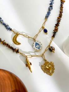 Monlansher Nouveau collier pour femme avec pendentifs multiples en perles de pierre, orné de cœurs, de lunes et d'hexagones. Un bijou polyvalent à porter au quotidien. - Doré - Voir 12