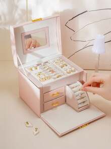 Extra Large Jewelry Box For Women, Elegant PU Leather Jewelry Case In White Black, 6-Tier Design With 5 Spacious Drawers, Ample Storage Capacity For All Your Precious Accessories, Includes Stylish Mirror, Perfect Jewelry Storage Organizer For Birthdays, Anniversaries, And Special Occasions, Ideal Gift For Fashion-Forward Individuals And Watch Enthusiasts, Keep Your Treasures Organized And Easily Accessible, A Must-Have For Every Jewelry Lover - Multicolor - View 3