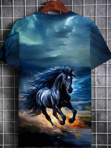 Men's 3D-Printed T-Shirt With White Horse And Flame Patterns – Fresh Blue And White Design Featuring Horses And Flames All Over The Garment; Short-Sleeved, Round-Necked, Casual T-Shirt. - 彩色 - 查看 3