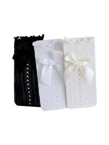 1 件带蝴蝶结和荷叶边的及膝袜，适合 6-18 岁女孩，儿童袜子