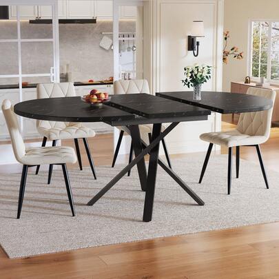5-Piece Dining Set With Extendable Round Table (100-140 Cm) And 4 Beige Velvet Chairs - Modern Dining Table For 4 To 6 People With Convenient Extension Function.