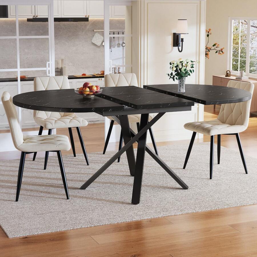 5-Piece Dining Set With Extendable Round Table (100-140 Cm) And 4 Beige Velvet Chairs - Modern Dining Table For 4 To 6 People With Convenient Extension Function. - Black + Medium Density Fiberboard + Metal - View 1