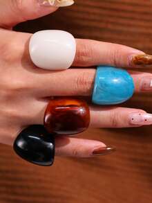 4件套 时尚奢华闪亮独特精致创意百搭高端优雅几何彩色树脂戒指，女士适用，适合日常佩戴、节日和派对场合 - 彩色 - 查看 5