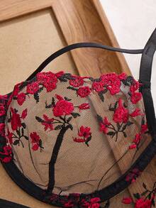 Valentines Day Lingerie, Black And Red Goth Lingerie Set,2 Piece /Set, Single-Layer Flower Embroidery Sexy Lingerie Set For Women, Perspective Bra And Panty Set, Pure Desire, Daily Underwear Suit For Women. Lenceria Sexy Para Mujer - màu đen - Xem 3