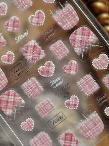 1pc Glitter Sequins Tweed Texture Sweet Heart Plaid Press-On Nail Stickers 5D Nail Art Cozy Festive Romantic Self Adhesive Nails For Women's Chic DIY Manicure Decals Nail Supplies - Multicolor - View 10