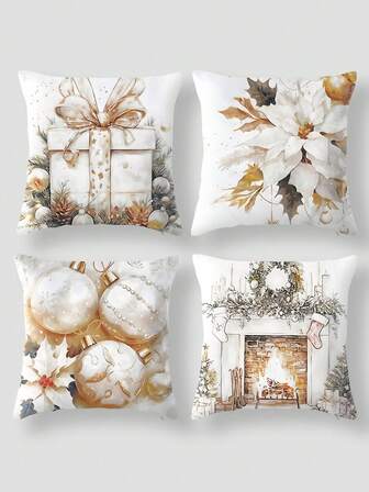 4pcs/Set Digital Printing Throw Pillow Covers, Floral Gift Fireplace, Zipper Closure, Machine Washable, Polyester, Suitable For Various Rooms, Indoor & Outdoor Washable Pillow Covers, Home Decor, Room Bed Sofa Chair Pad Covers, Spring Summer Mother's Day Wedding Birthday Theme Party Supplies, Holiday Decorations Digital Printing Fashion Simple Sofa Office Decor Home Decor Cushion Cover Fabric Decorative Supplies Car Gift Printed Throw Pillow Bed Headrest Sofa Cushion Home Sofa Headrest Office Pillow Cover