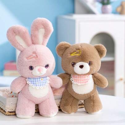 1件可爱卡通围兜、发夹、小动物毛绒玩具 - 兔子、熊毛绒玩偶、柔软毛绒玩偶、儿童玩偶、生日礼物、圣诞礼物、情人节礼物、复活节礼物