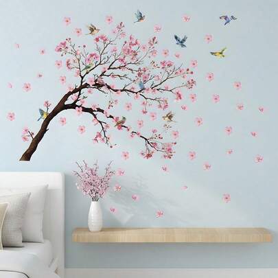 Pink Cherry Blossom Floral Birds Wall Decals Large Cherry Blossom Tree Branch Wall Stickers For Sofa TV Background Wall Decor Bedroom Living Room