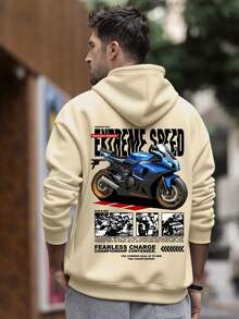 Zrgoth 男士摩托车赛车主题印花宽松袋鼠口袋连帽衫，秋冬款 - 杏色 - 查看 3