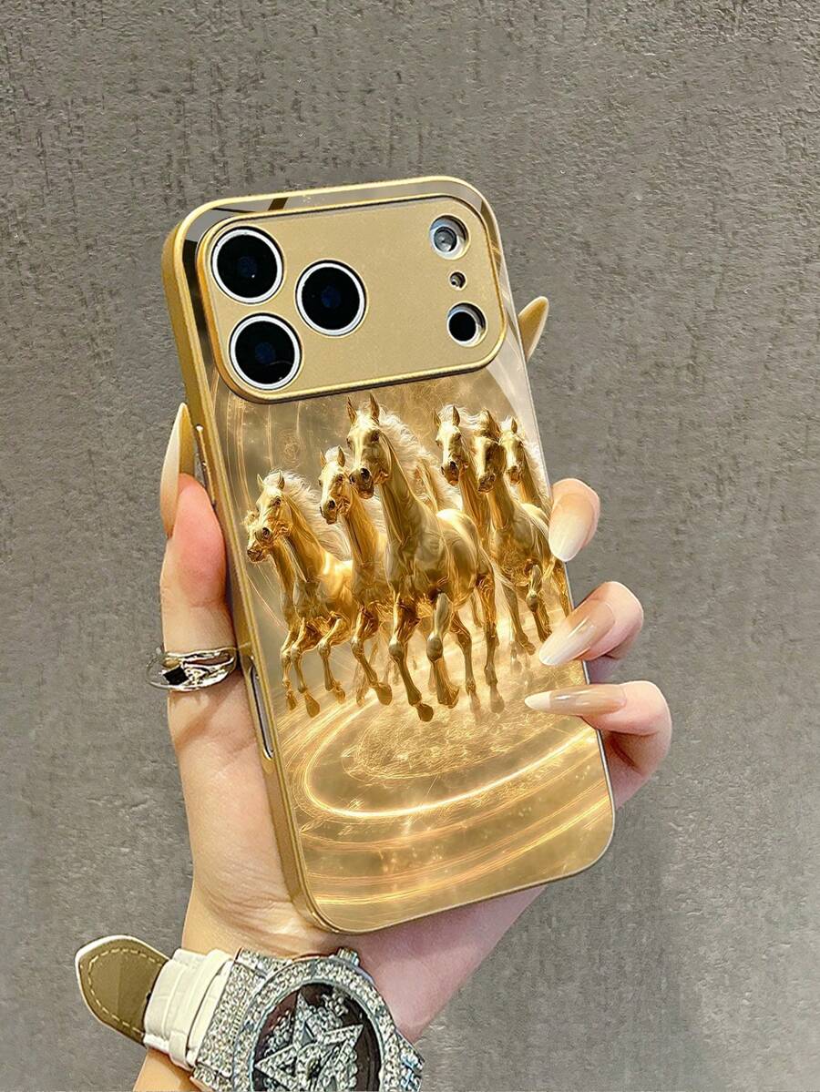 1个奢华优雅闪亮金色骏马图案玻璃材质手机壳，兼容，高端精致 - 金色 - 查看 1