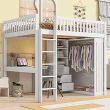 Hochbett, 140*200cm , Schreibtisch, Kleiderschrank, 3 Schubladen, Offener Stauraum, Geländer, Treppe, Ohne Matratze, Weiß - White - View 5