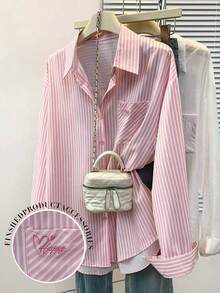 Women's Valentine's Day Pink Striped Pocket Heart Embroidery Button-Front Shirt, Suitable For Spring/Summer