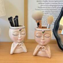 1/2个可爱创意面部化妆品收纳桶，化妆刷收纳盒，桌面安装，轻巧，浴室配件，树脂材质，防震版 - 彩色 - 查看 5