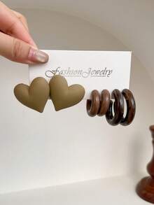 1 Set Of 3 Pairs Fashionable Heart Shaped Stud Earrings, Blue Transparent AB Color Hoop Earrings Set - Pink - View 10