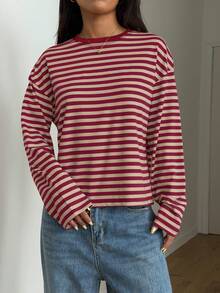 Women's Round Neck Drop Shoulder Long Sleeve Striped Contrast Ribbed Casual T-Shirt - Rose Red and Khaki - View 7