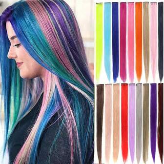 20 Inch 5 Pieces/Pack Synthetic Women's Clip Straight Hair Extension Golden Green Pink Rose Red Gold Black Light Orange Brown Yellow Cyan Purple Bright Colors Colorful Straight Hair Suitable For Beginners Clip Extensions Hair For Women Daily Holidays Party Halloween Music Festival