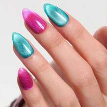 GLAMERMAID Pink Blue Magnet Cat Eyes Press On Nails Short Almond, Aurora Magnetic Handmade Soft Jelly Gel Fake Nails, Ombre Round Oval Stick Glue On Nail Kit For Women, Reusable Acrylic False Nail Set - ColorN - View 5