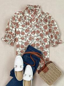 女士休闲度假衬衫，菊花图案，荷叶边下摆，纽扣短袖 - 彩色 - 查看 2