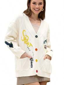 Embroidered Sweater Women's Fall Autumn Winter Letter Design Loose Knit Coat Fashion Autumn And Winter New Letter Design Loose Sweater Coat Embroidery V Neck Knit Cardigan Sweater Loose Open Front Button Down Long Sleeve Sweater  Women's Embroidered Heart Cardigan Sweater Button-Down Knitted Graphic Cardigan Coat Y2K Sweater With Pockets - trắng - Xem 3