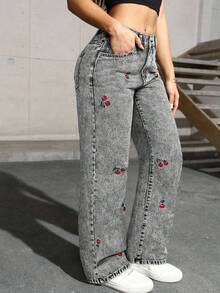 Calça elegante com bordado de cereja, bolso delicado e botões, em cor sólida. Tamanho ligeiramente menor, ideal para uso casual diário na primavera, verão, outono e inverno, inclusive para ir ao trabalho. - Cinza - Ver 5