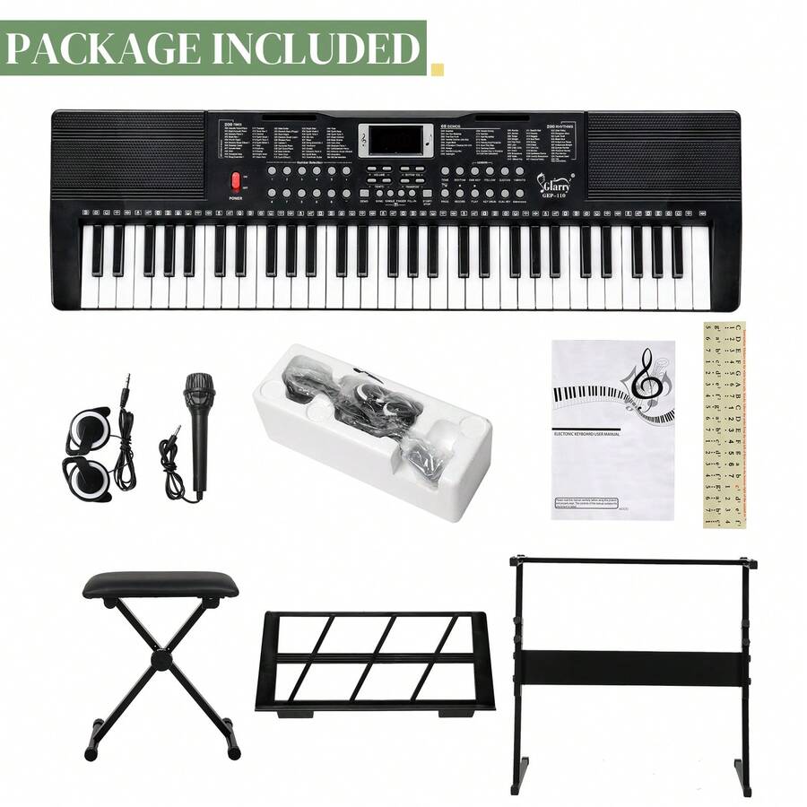 GEP-110 61 Key Keyboard With Piano Stand, Piano Bench, Built In Speakers, Headphone, Microphone, Music Rest, LED Screen, 3 Teaching Modes For Beginners - 黑色 - 查看 1