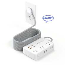 JcBlaon 15英尺延长线，带6个插座和4个USB充电口（其中2个为USB-C接口）的防浪涌电源条，扁平插头，1080焦耳保护，适用于室内、家庭、办公用品、宿舍等场所。 - 白色 - 查看 10