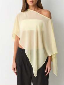 Women Sheer Knit Poncho Y2k See Through Shrug Mesh Cover Up Lightweight Asymmetrical Beach Shawl Cape Top - 黃色 - 查看 1
