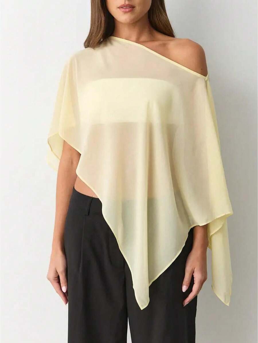 Women Sheer Knit Poncho Y2k See Through Shrug Mesh Cover Up Lightweight Asymmetrical Beach Shawl Cape Top - 黃色 - 查看 1